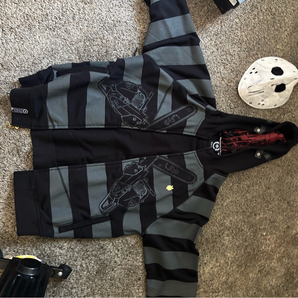 Striped Black and Gray Hoodie with Graphic Design